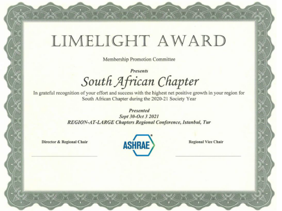 Award to ASHRAE SA Chapter, 2021